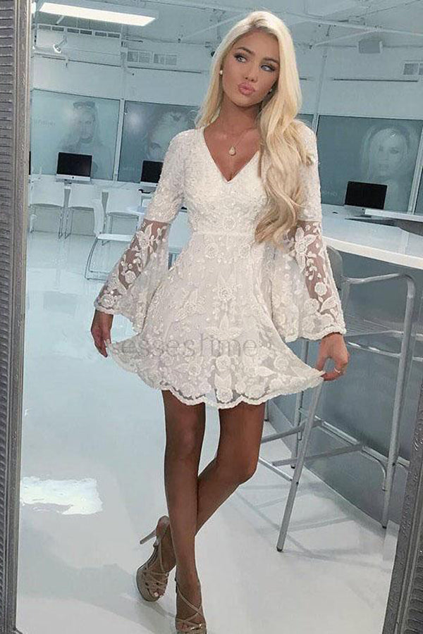 A-Line V-neck Open Back Bell Sleeves Short Ivory Lace Homecoming Dress PD495-Pgmdress