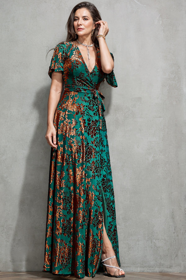 A-Line V Neck Dark Green Burnout Velvet Mother Of The Bride Dress-Pgmdress