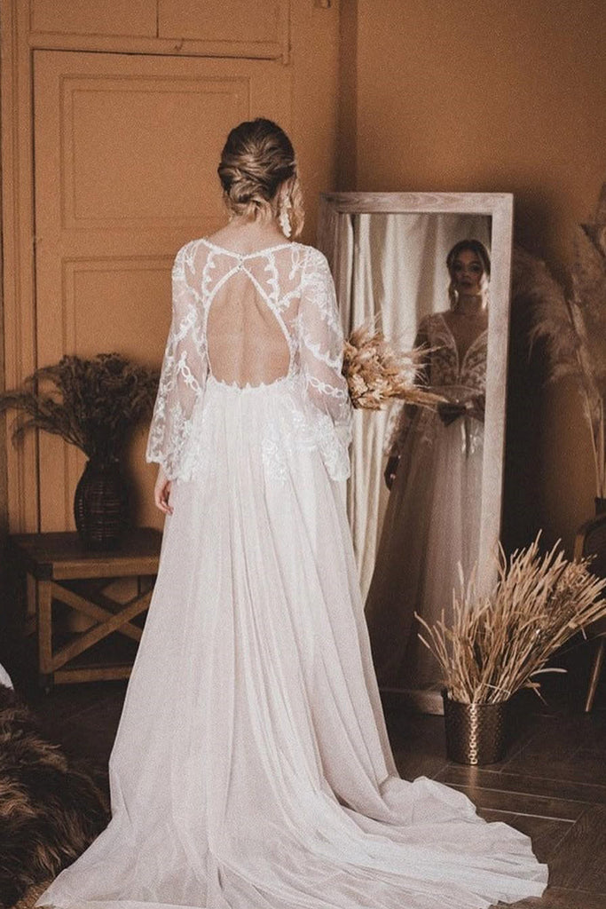 A-Line V Neck Lace Top Flare Sleeves Beach Wedding Dress US10 / Ivory A-Line V Neck Lace Top Flare Sleeves Beach Wedding Dress US10 / Ivory