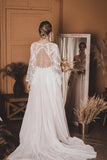A-Line V Neck  Lace Top Flare Sleeves Beach Wedding Dress-Pgmdress