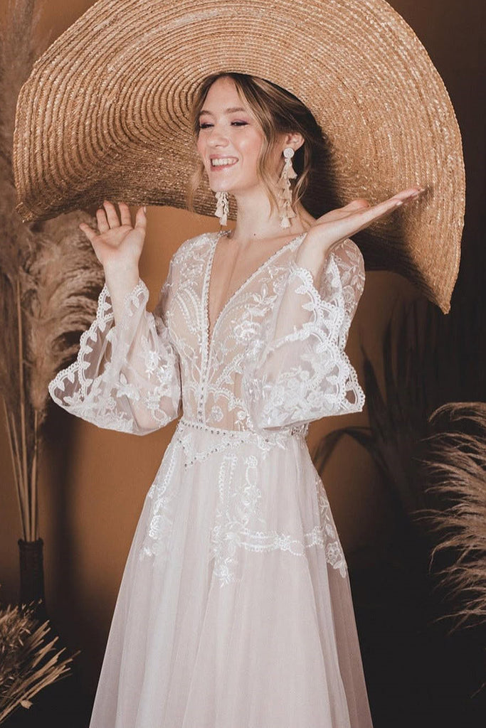 A-Line V Neck Lace Top Flare Sleeves Beach Wedding Dress US10 / Ivory A-Line V Neck Lace Top Flare Sleeves Beach Wedding Dress US10 / Ivory