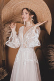 A-Line V Neck  Lace Top Flare Sleeves Beach Wedding Dress-Pgmdress