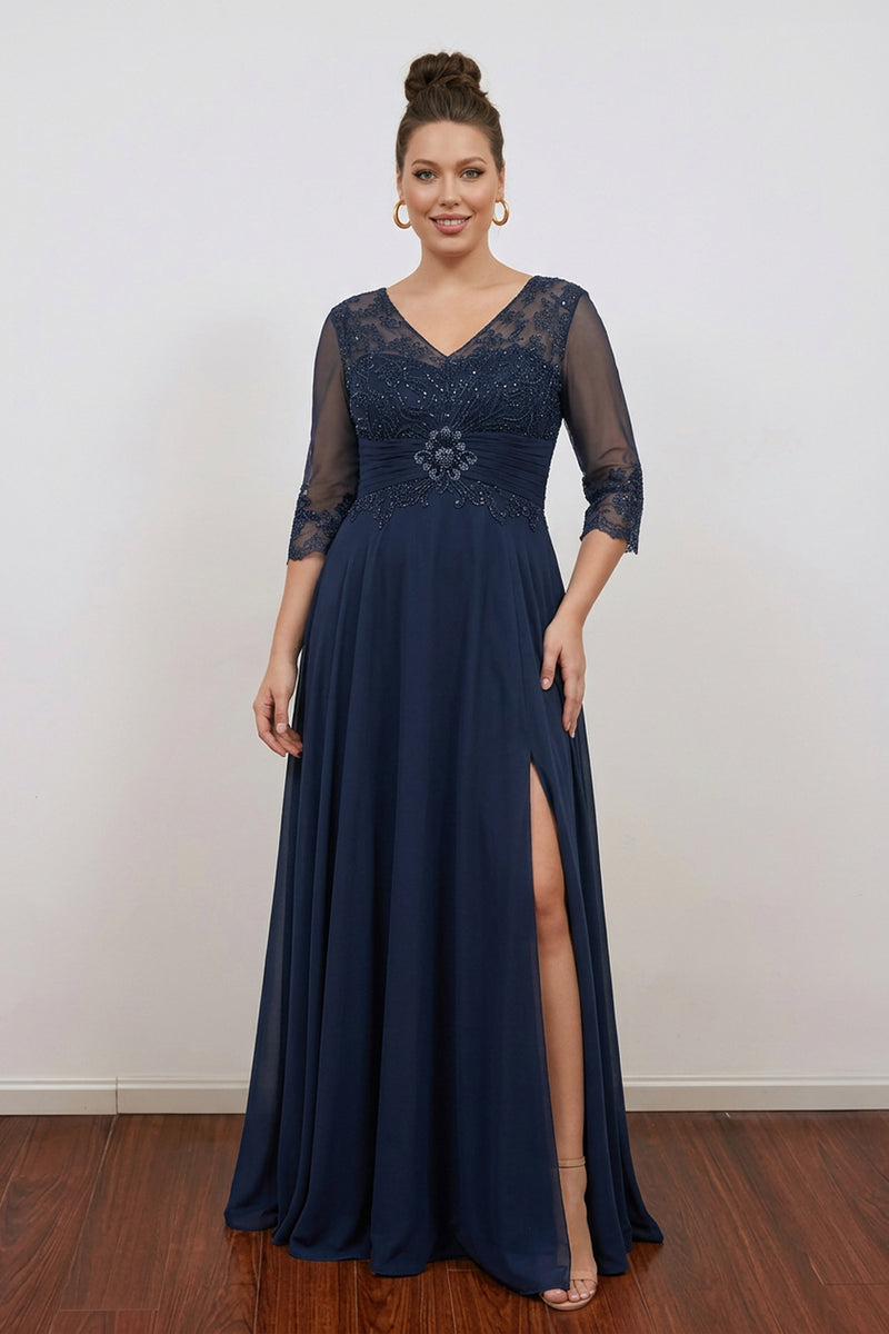 A-Line V Neck Sequined Lace Chiffon Long Sleeve Mother Of The Bride Dress-Pgmdress