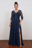 A-Line V Neck Sequined Lace Chiffon Long Sleeve Mother Of The Bride Dress-Pgmdress
