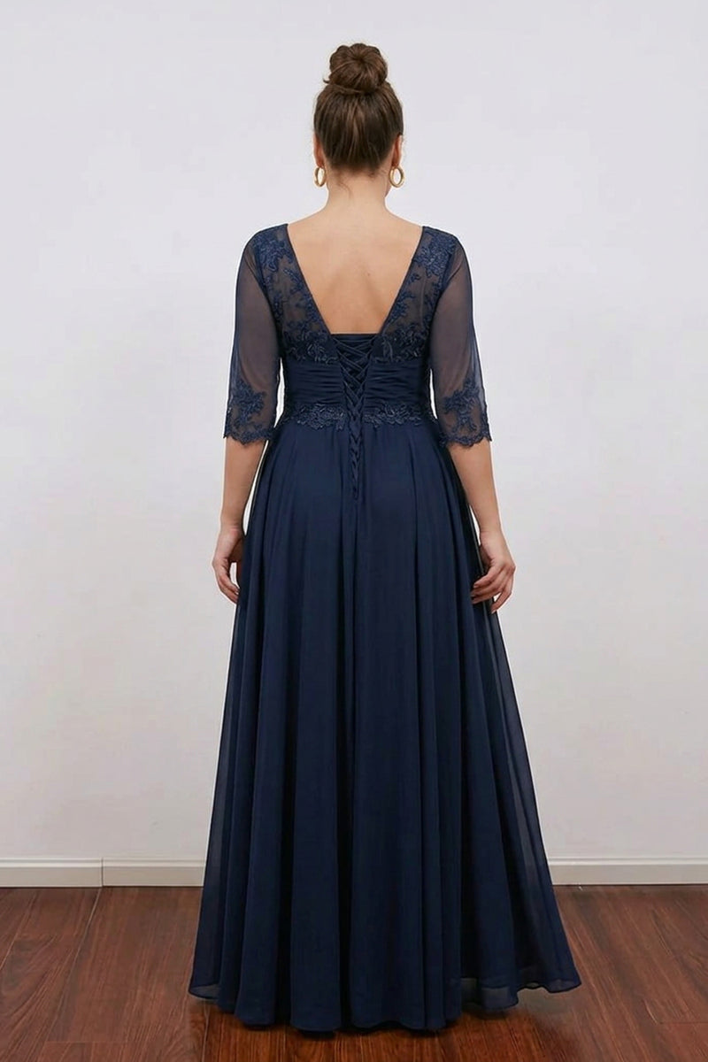 A-Line V Neck Sequined Lace Chiffon Long Sleeve Mother Of The Bride Dress-Pgmdress