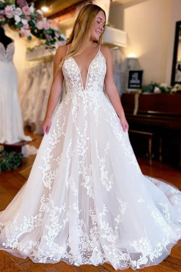 A-Line V Neck Spaghetti Straps Long Ivory Wedding Dress WD780-Pgmdress