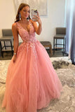 A-Line V Neck Tulle Appliques Blush Pink Prom Dress with Slit PSK472