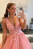 A-Line V Neck Tulle Appliques Blush Pink Prom Dress with Slit PSK472-Pgmdress