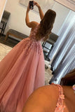 A-Line V Neck Tulle Appliques Blush Pink Prom Dress with Slit PSK472-Pgmdress