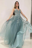 A-Line V Neck Tulle Lace Gray Green Long Prom Dress  PSK506