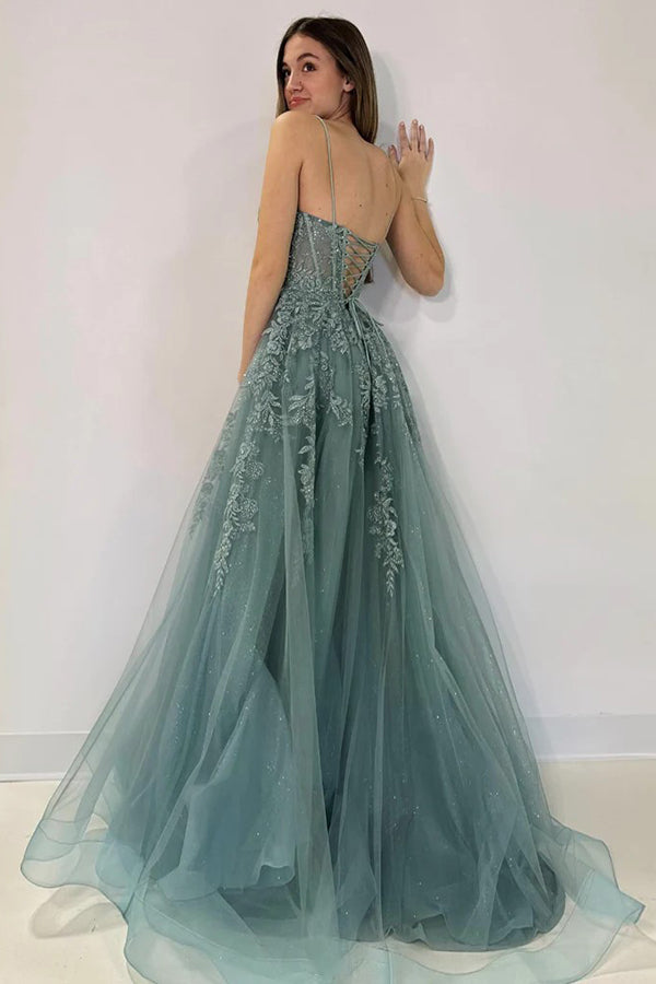 A-Line V Neck Tulle Lace Gray Green Long Prom Dress  PSK506-Pgmdress