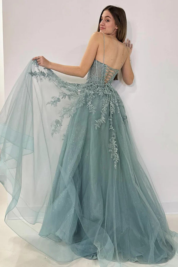 A-Line V Neck Tulle Lace Gray Green Long Prom Dress  PSK506-Pgmdress
