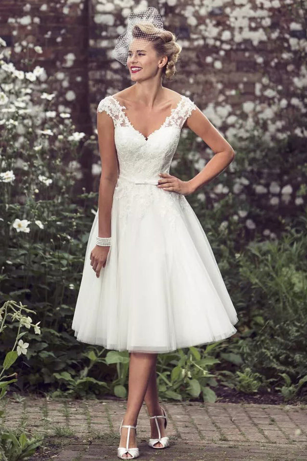 A-Line Wedding Dress Tea Length Lace Short Bridal Gown WD747-Pgmdress