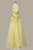 A-Line Flower Embroidery Light Yellow Prom Dress Formal Gown-Pgmdress
