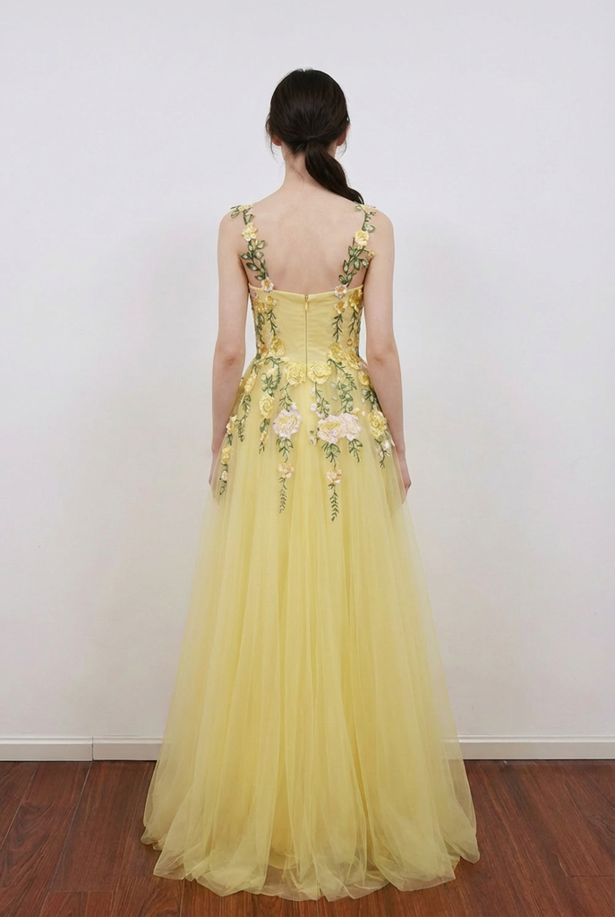 A-Line Flower Embroidery Light Yellow Prom Dress Formal Gown-Pgmdress