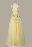 A-Line Flower Embroidery Light Yellow Prom Dress Formal Gown-Pgmdress