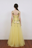 A-Line Flower Embroidery Light Yellow Prom Dress Formal Gown-Pgmdress