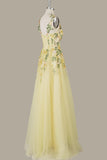 A-Line Flower Embroidery Light Yellow Prom Dress Formal Gown-Pgmdress