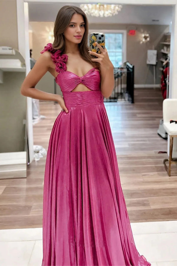 A-Line One Shoulder Keyhole Fuchsia Prom Dress with Slit PSK633-Pgmdress
