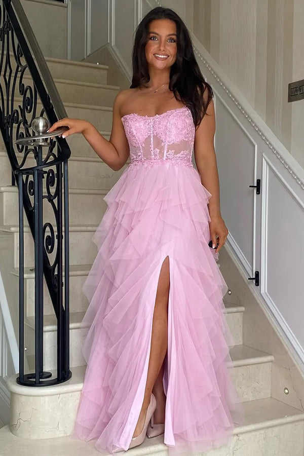 A-Line Ruffles Appliques Corset Pink Long Prom Dress with Slit PSK604-Pgmdress