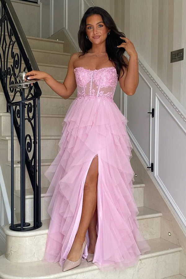 A-Line Ruffles Appliques Corset Pink Long Prom Dress with Slit PSK604-Pgmdress