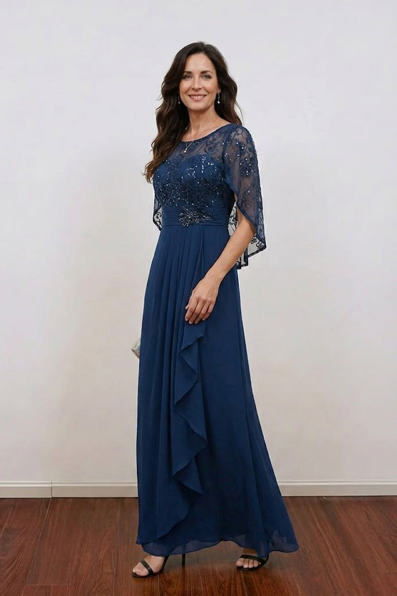 A-Line Sequin Formal Gown Chiffon Navy Blue Mother of the Bride Dress
