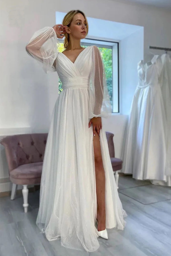 Robe de mariée de plage à manches longues et col en V scintillante en forme de A WD750