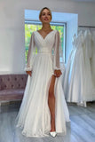 Robe de mariée de plage à manches longues et col en V scintillante en forme de A WD750