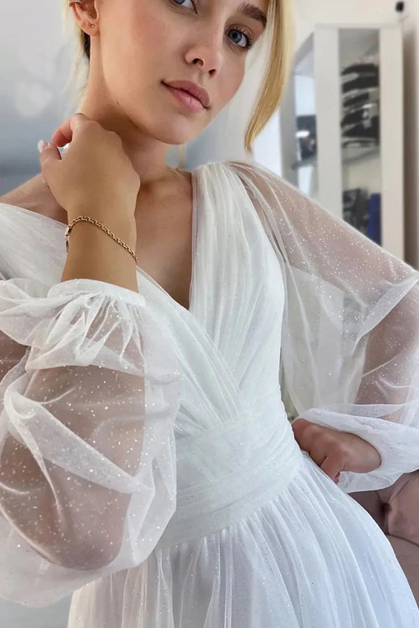 Robe de mariée de plage à manches longues et col en V scintillante en forme de A WD750