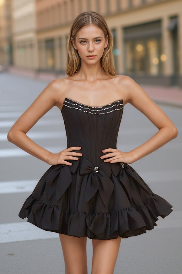 A-Line Strapless Black Short Homecoming Dress with Bow PD560-Pgmdress