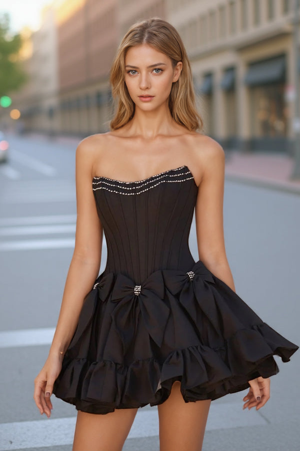 A-Line Strapless Black Short Homecoming Dress with Bow PD560 US14 / Yellow A-Line Strapless Black Short Homecoming Dress with Bow PD560 US14 / Yellow
