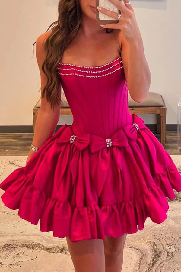 A-Line Strapless Black Short Homecoming Dress with Bow PD560