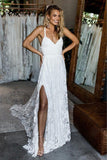 A-Line Straps Backless Court Train Lace Beach Wedding Dress WD108-Pgmdress