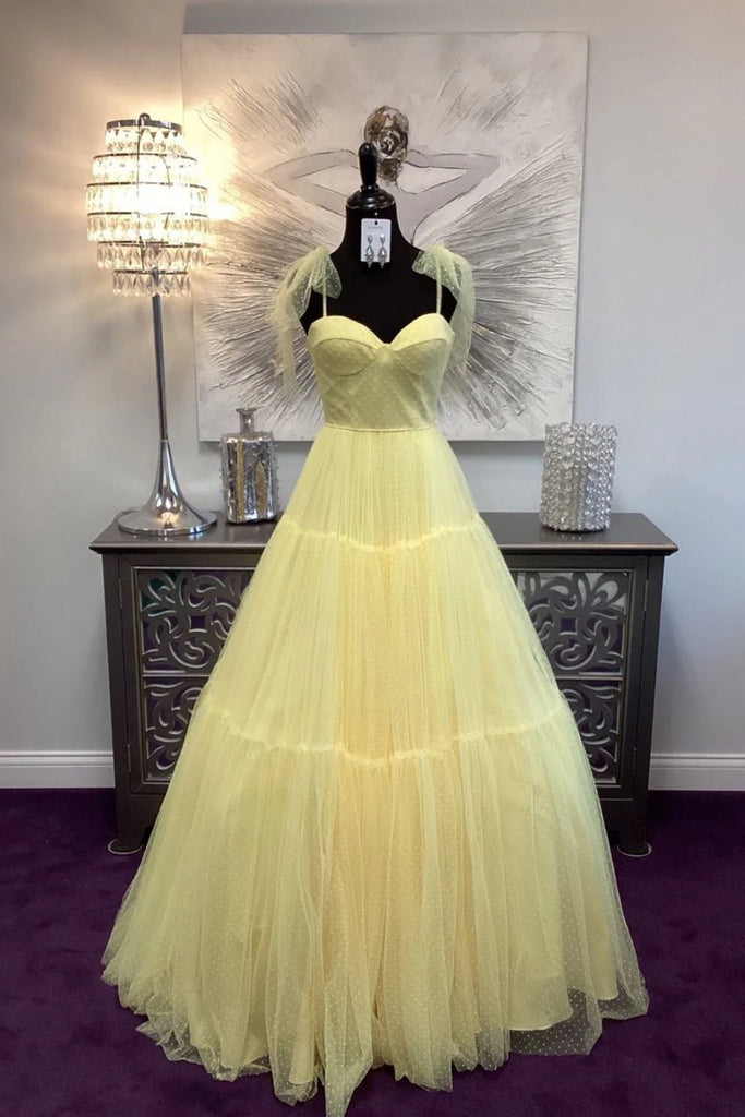 A-Line Straps Dot Tulle Yellow Long Prom Dress with Bow Tie-Pgmdress