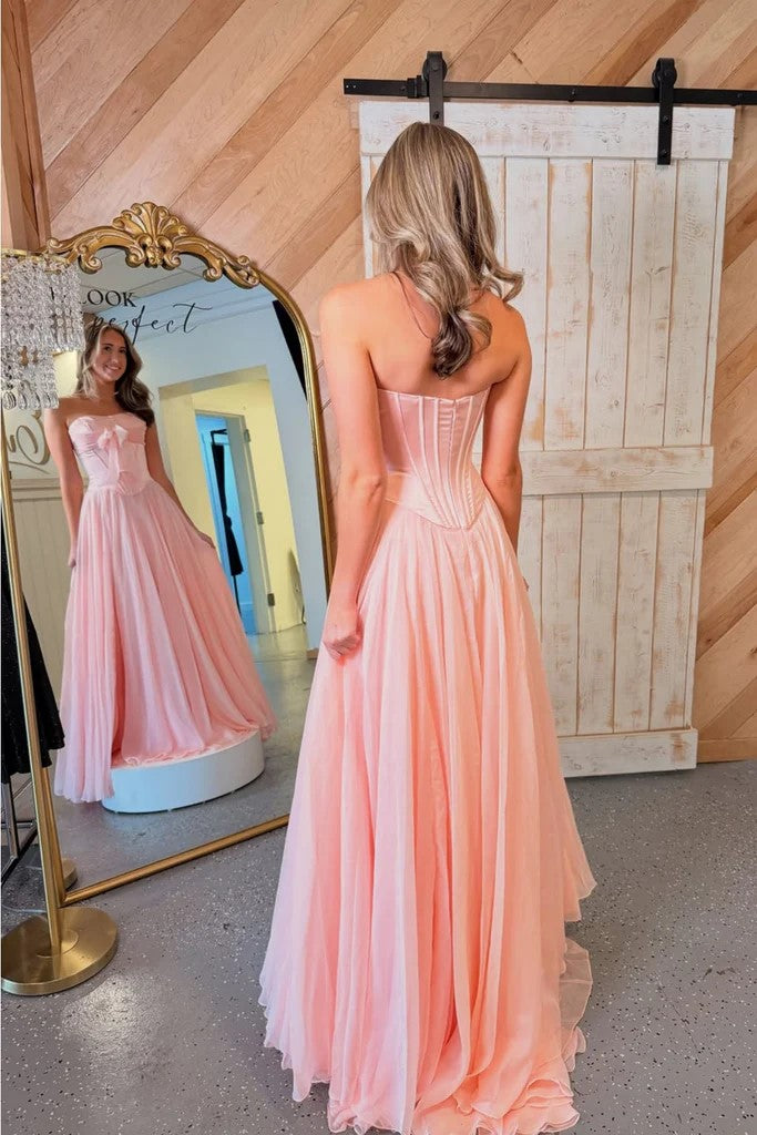 A-Line Sweetheart Corest Chiffon Pink Prom Dress with Bow-Pgmdress