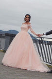 A-line Blush Pink Off Shoulder Long Sleeves Wedding Dress WD688-Pgmdress