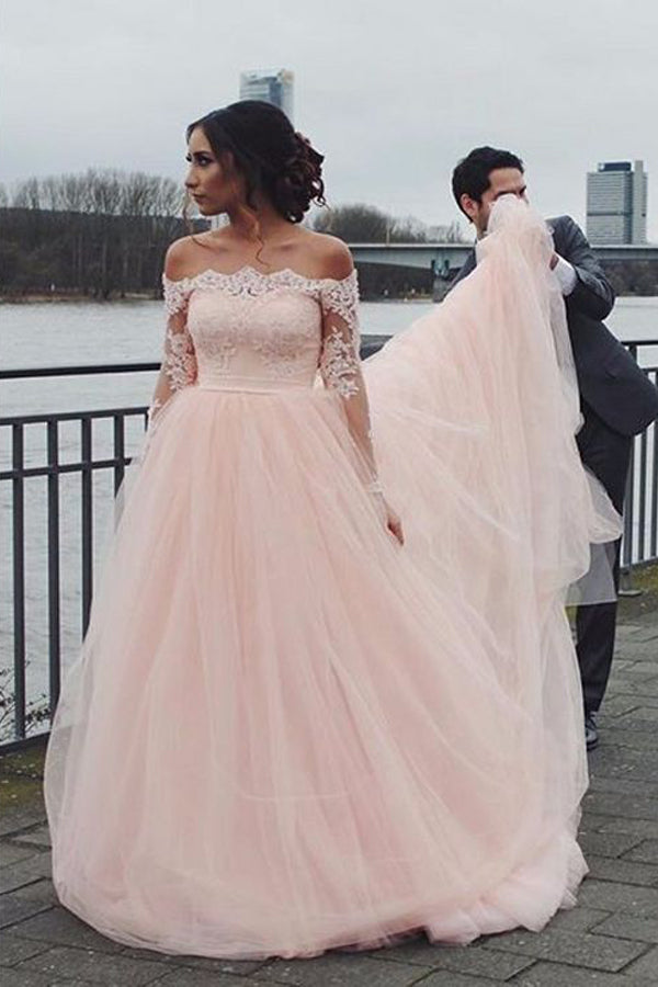 Pink Off The Shoulder Long Sleeve A Line Wedding Dress