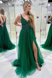 A-line Dark Green V Neck Sequined Tulle Prom Dresses PSK486-Pgmdress