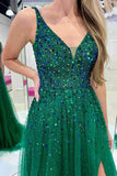 A-line Dark Green V Neck Sequined Tulle Prom Dresses PSK486-Pgmdress