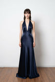 A-line Deep Halter V-neck Satin  Navy Blue Prom Dress Formal Gown