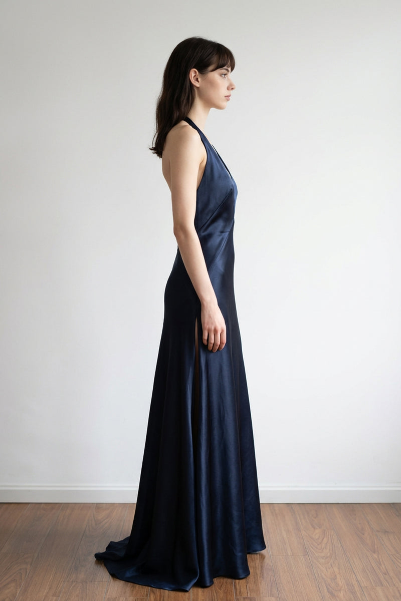 A-line Deep Halter V-neck Satin  Navy Blue Prom Dress Formal Gown