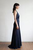 A-line Deep Halter V-neck Satin  Navy Blue Prom Dress Formal Gown