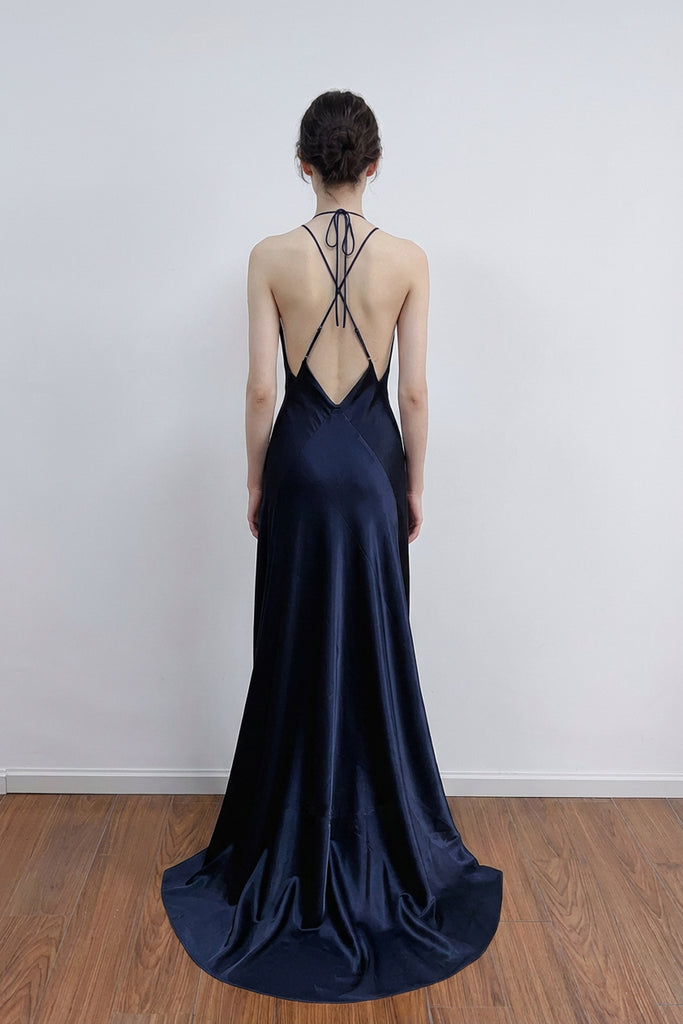 A-line Deep Halter V-neck Satin Navy Blue Prom Dress Formal Gown US14 / Navy Blue A-line Deep Halter V-neck Satin Navy Blue Prom Dress Formal Gown US14 / Navy Blue
