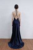 A-line Deep Halter V-neck Satin  Navy Blue Prom Dress Formal Gown