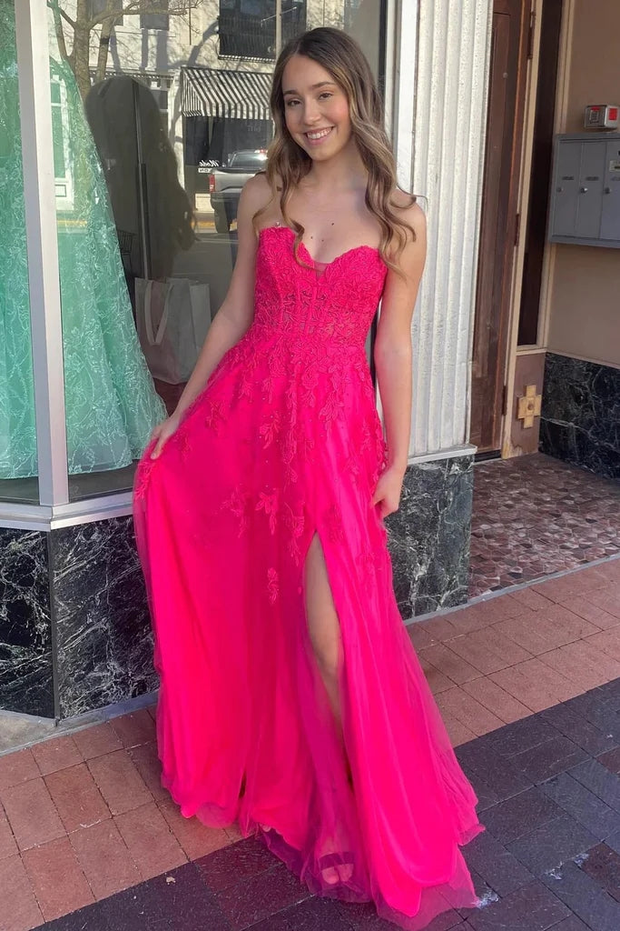 A-line Hot Pink Strapless Floral Appliques Long Prom Dress PSK495-Pgmdress