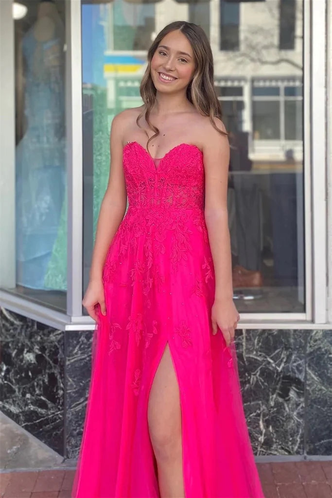 A-line Hot Pink Strapless Floral Appliques Long Prom Dress PSK495-Pgmdress