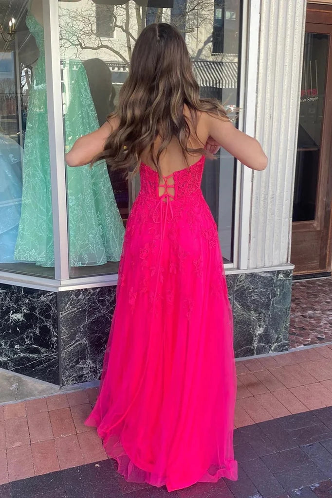A-line Hot Pink Strapless Floral Appliques Long Prom Dress PSK495-Pgmdress