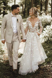 A-line Long Sleeves Wedding Dresses Lace V Neckline Bridal Gowns WD584