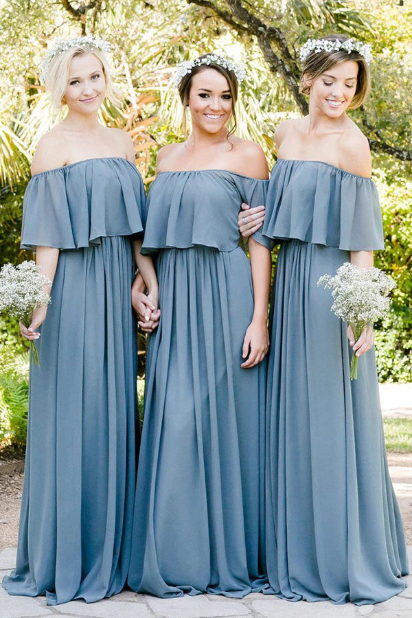 Off Shoulder Gray Blue Ruffles Pleated Chiffon Bridesmaid Dress BD137-Pgmdress