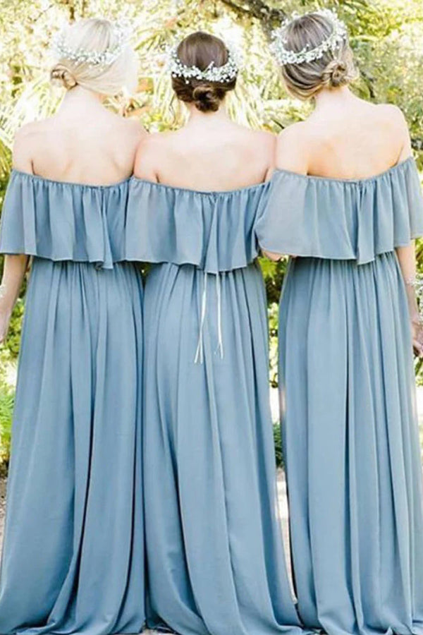 Off Shoulder Gray Blue Ruffles Pleated Chiffon Bridesmaid Dress BD137-Pgmdress